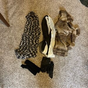 Lot of 5 Cozy Knit Scarves and Black Gloves Set
